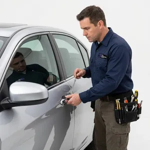 Automotive locksmith pairing a new fob to the vehicle's security module following a stolen fob report at a customer's driveway in Goleta, California. Lost-only-key situations handled without a dealer tow.
