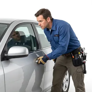 Automotive locksmith pairing a new fob to the vehicle's security module after a broken key was pulled from the ignition in a parking lot in Oceanside, California. OEM and aftermarket key blanks stocked for common makes.