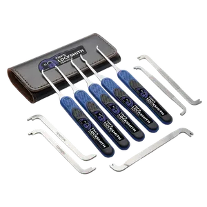 Lock pick tools staged during an emergency lockout call after a toddler turned the thumbturn with parents outside on a residential street in Alpine, California. Van is pre-loaded with automotive and residential lockout tools.