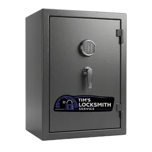 Electronic safe being reprogrammed after a lost code to meet California gun storage requirements at a Imperial Beach, California residence. Keypad replacement paired with fresh batteries during service.